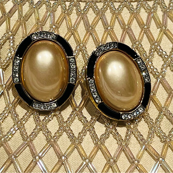 Carolee Jewelry - Vintage Carolee Faux Pearl Dome Pierced Earrings with Black Enamel Rhinestones